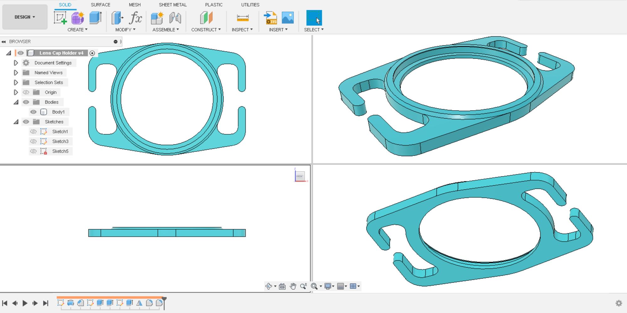 A screenshot of Autodesk Fusion 360 graphics window, showing 4 views of a lens cap holder