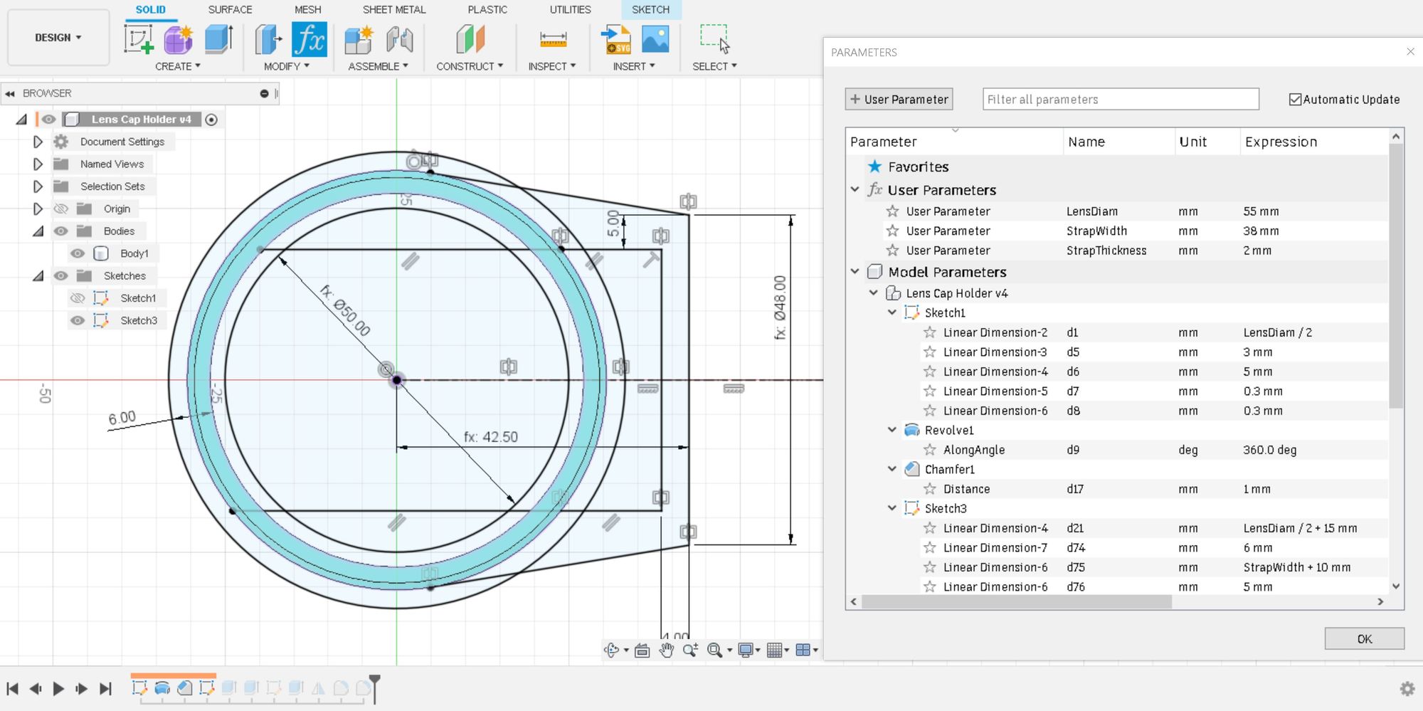 A screenshot of Autodesk Fusion 360's graphics window, showing the user parameters box and an open sketch containing dimensions and formulas
