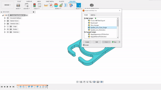 An animated gif showing a screen recording of Autodesk Fusion 360 where a parametric CAD file is updated using a Python script
