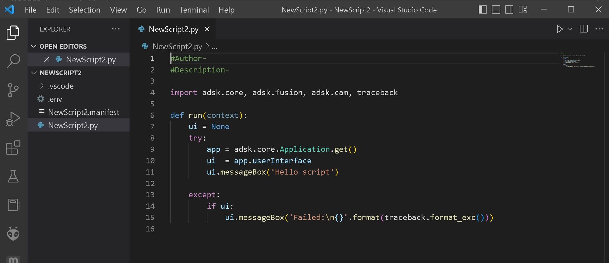 A screenshot of Visual Studio Code showing an example Python code