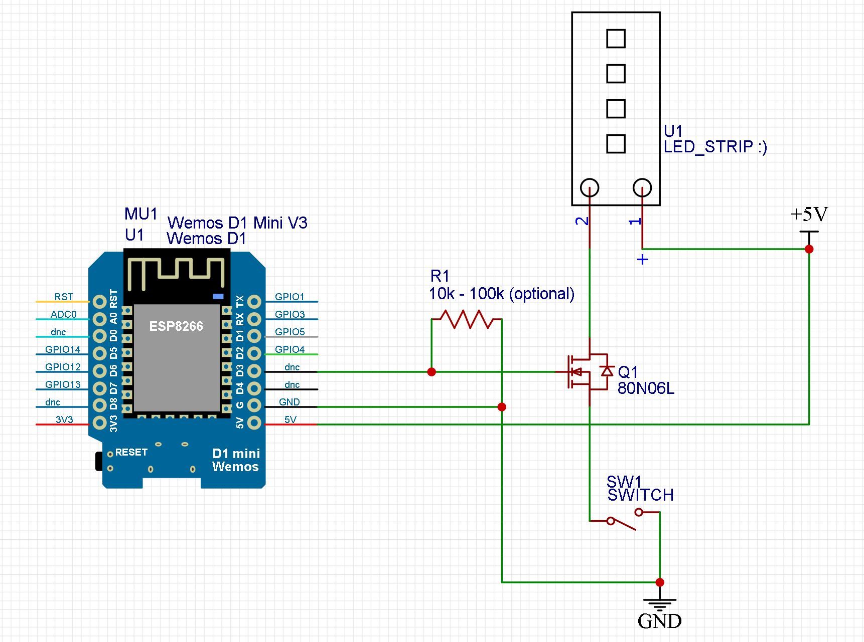 Schematic diagram using a 2-pin rocket switch.