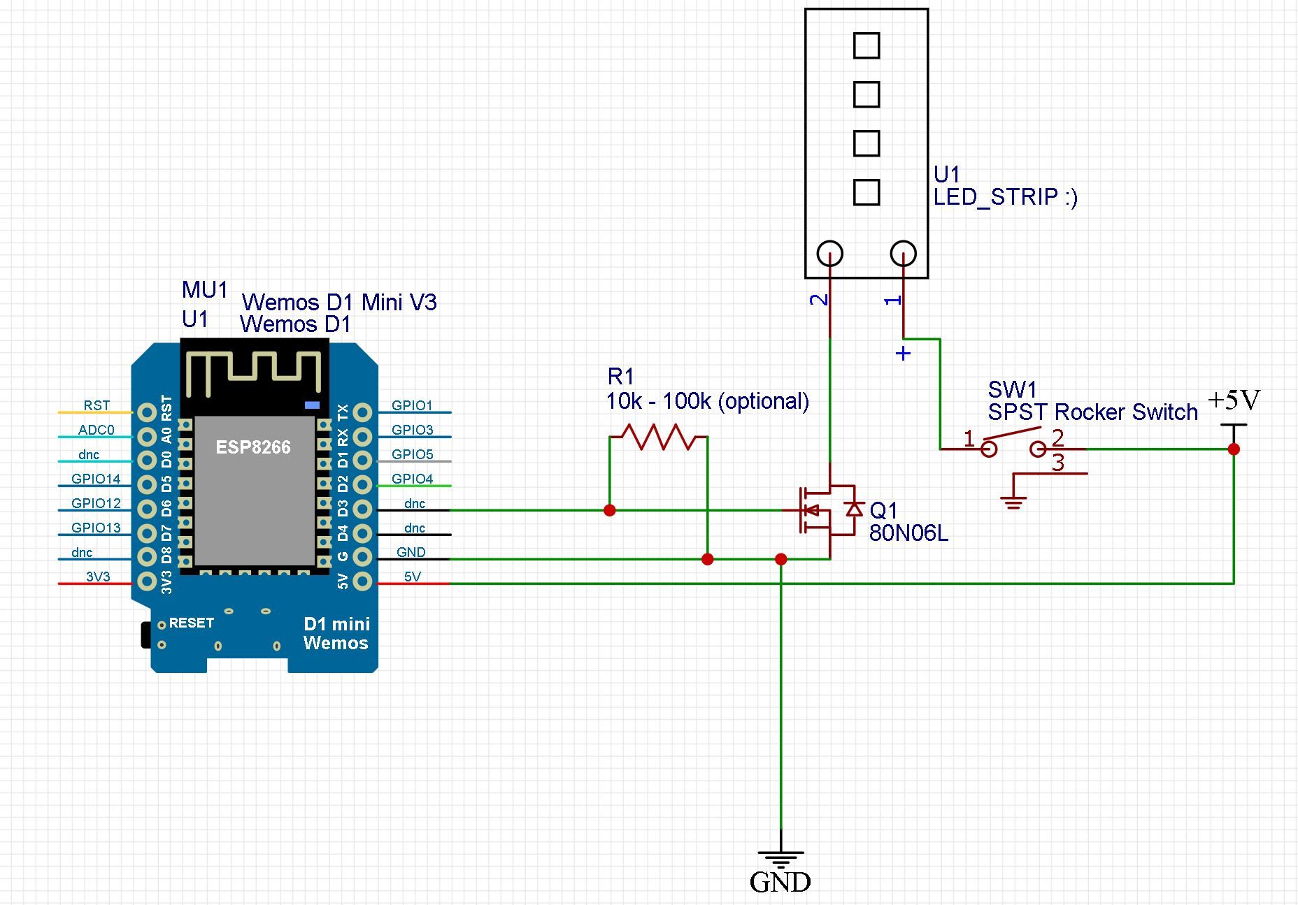 Schematic diagram using a 3-pin rocket switch (with LED indicator like the one shown above).