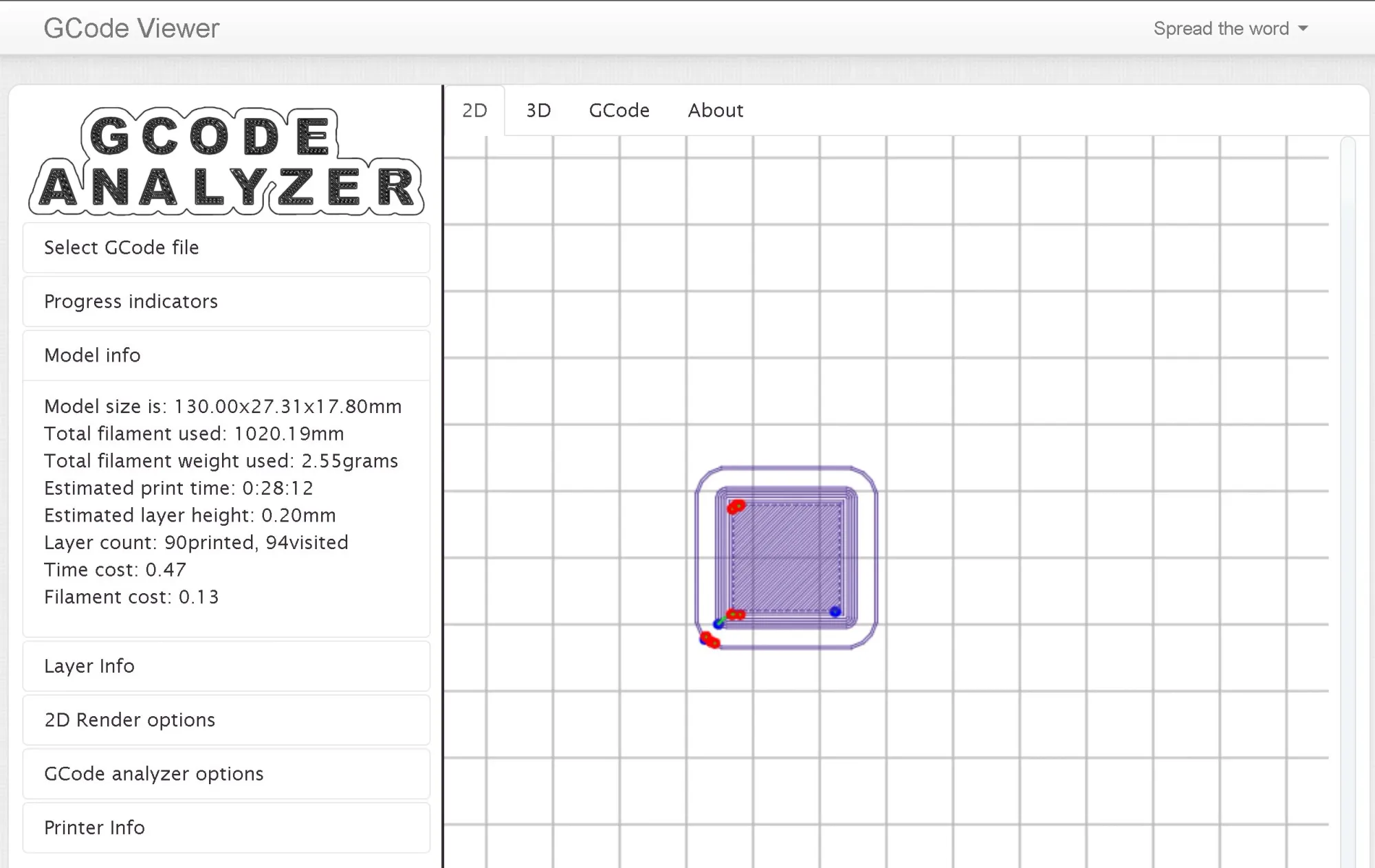 Screenshot of G-Code Viewer showing the Model Info section for a test G-Code file of a 18 mm cube