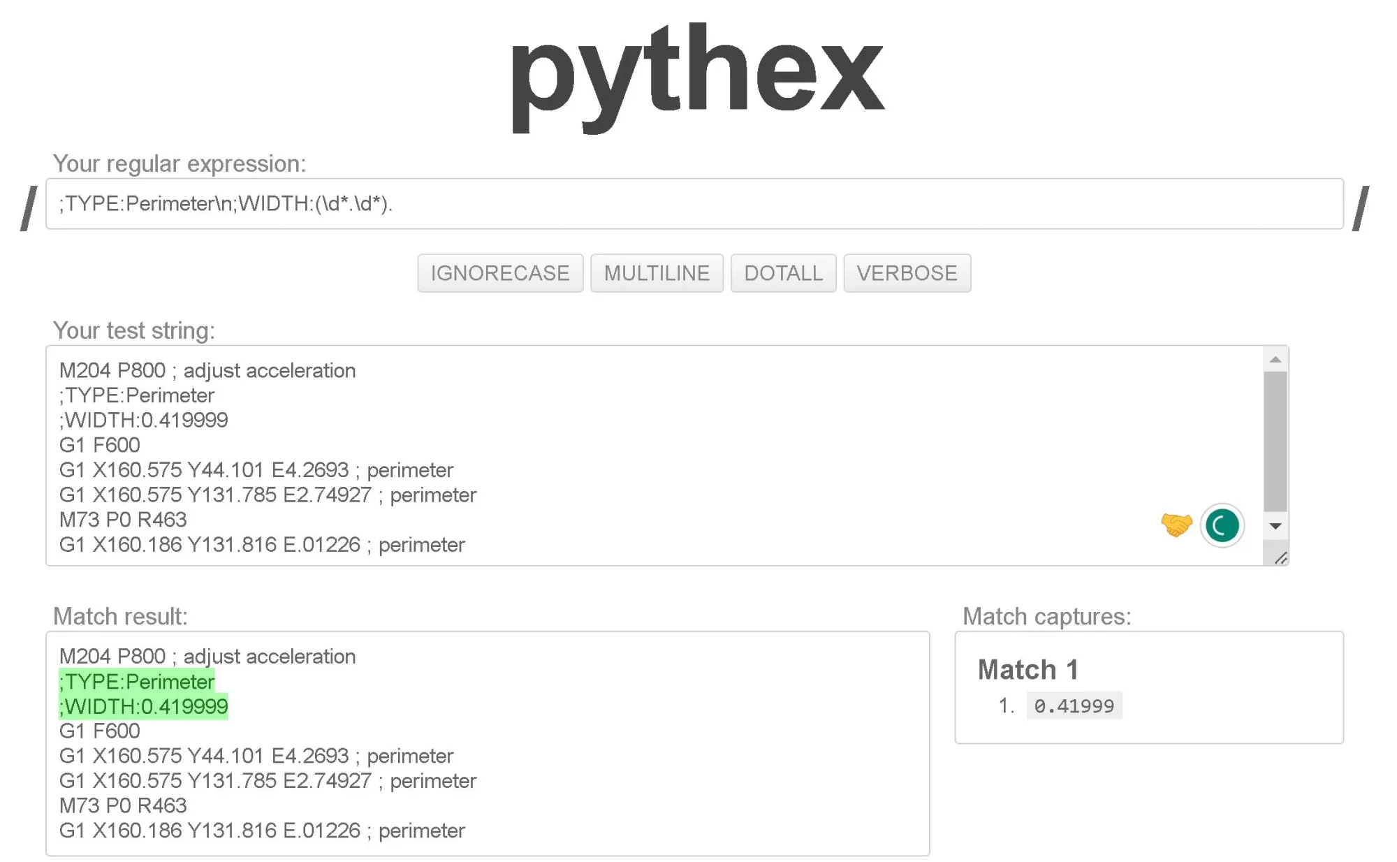 Screenshot of Pythex, showing a regax pattern to recognize extrusion with from G-Code