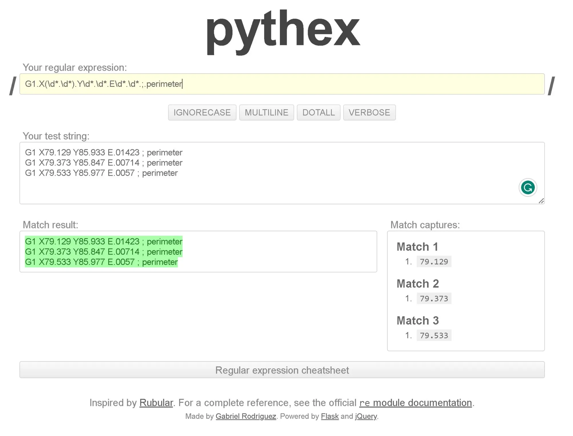 Screenshot of Pythex, showing a pattern to recognize X position from G-Code