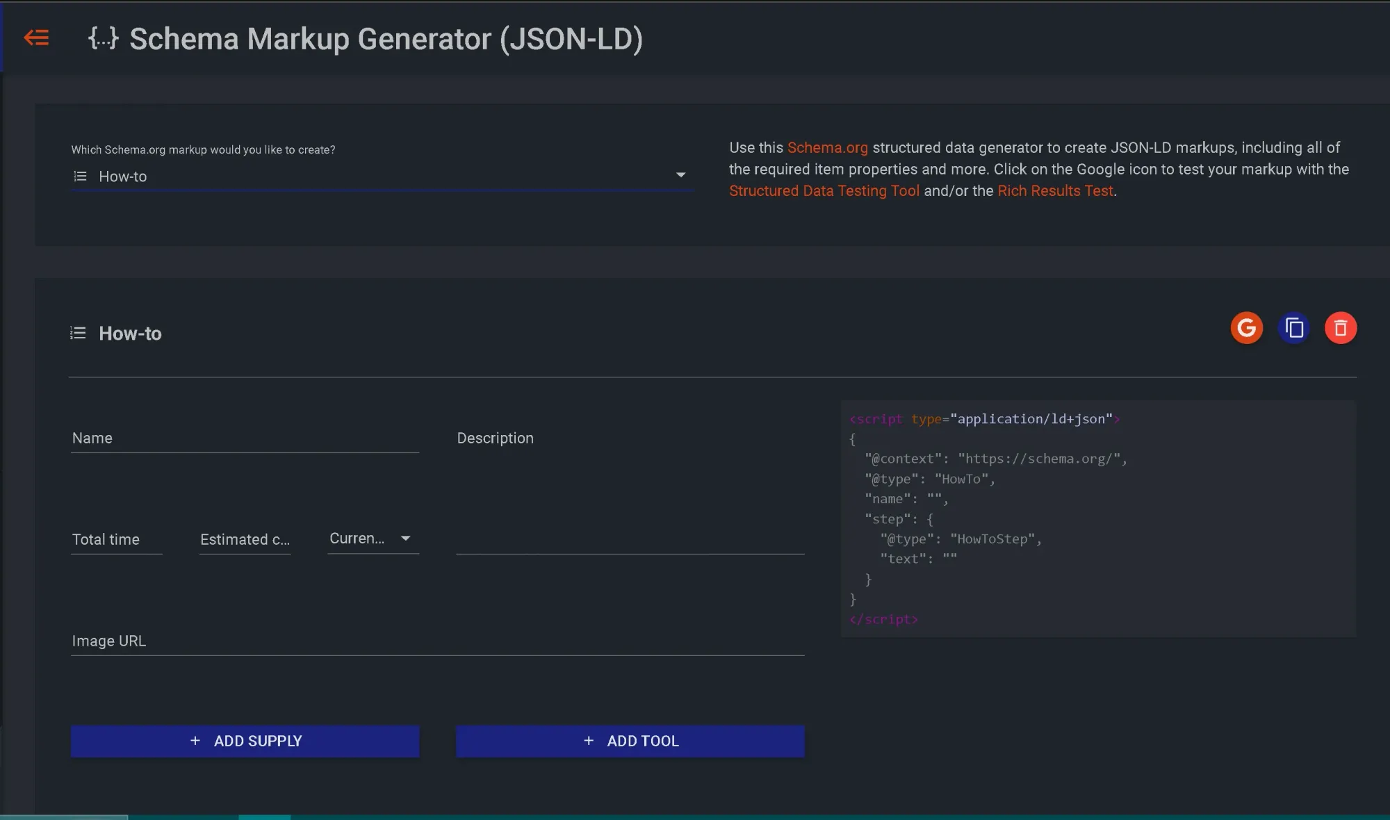 Screen capture of TechnicalSEO.com's Schema Markup Generator. A form is used to generate JSON-LD text